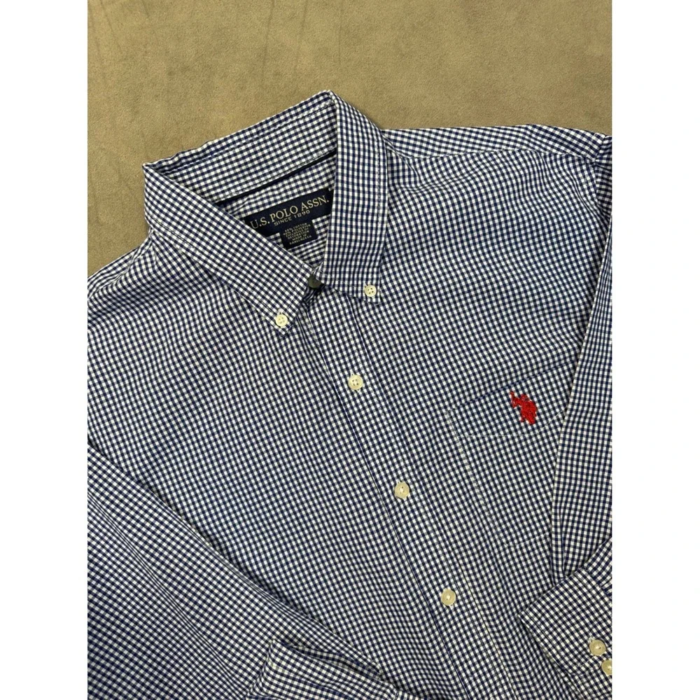 US Polo Mens Classic Fit Button Down Shirt Blue Gingham Check‎ Red Pony Size L